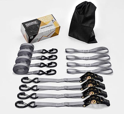 KINGERIGE Heavy Duty Motorcycle Ratchet Straps - 4 Pack with Soft Loops and High Break Strength