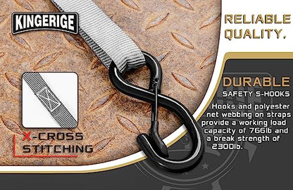 KINGERIGE Heavy Duty Motorcycle Ratchet Straps - 4 Pack with Soft Loops and High Break Strength