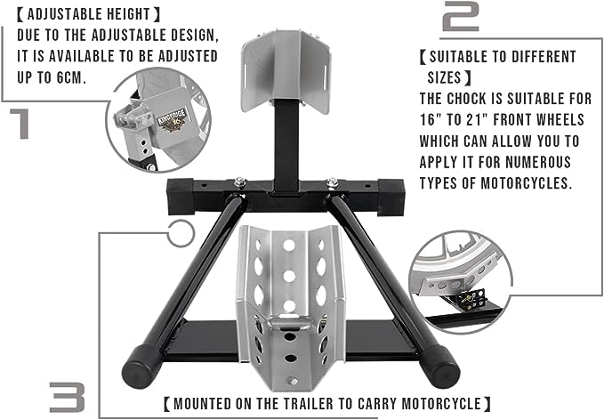 KINGERIGE Adjustable Motorcycle Wheel Chock for Trailer, Front Wheel Motorcycle Wheel Chock, 16" to 21"